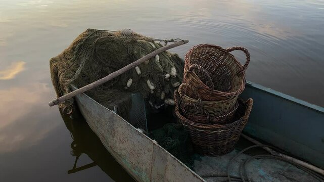 Old fishing nets with floats and a boat near the water, with woven baskets for fishing, creating the atmosphere of traditional fishing craftsmanship.