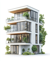 Modern condominium with large windows and greenery on white background