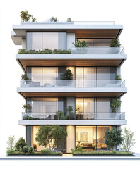 Naklejka premium Modern condominium with greenery on white background