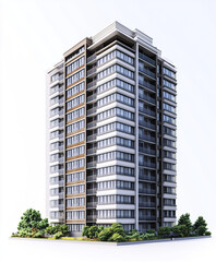 Modern condominium building with greenery on white background