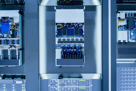 Close up of a data center and processing unit with cables and processors. Concept of hardware and connectivity for AI computing center