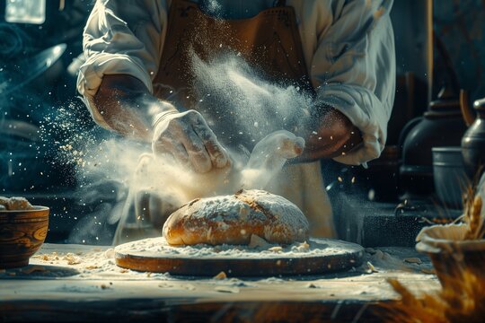 A baker skillfully kneads dough, flour flying in the air, creating a rustic atmosphere in a cozy kitchen.