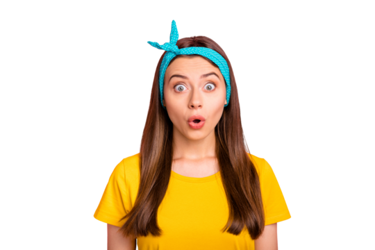 Portrait of impressed lady looking wearing yellow t-shirt isolated over pink background