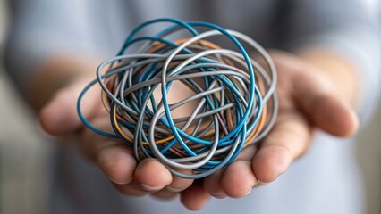 A person holds a tangled ball of rubber bands, showcasing a mix of colors and textures in a close-up shot.