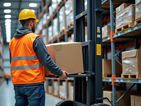 A man in a safety vest and hard hat operates a forklift, lifting a cardboard box in a warehouse surrounded by stacked shelves filled with packages