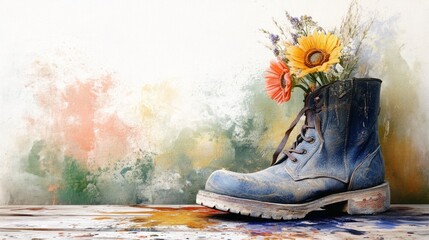 Fototapeta premium Nostalgic 1930s Leather Boots in Artistic Setting with Soft Lighting and Sepiatone Aesthetic