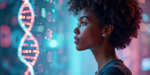 A young black woman gazes thoughtfully at colorful digital DNA strands, illuminated by glowing particles in a modern, tech-inspired environment