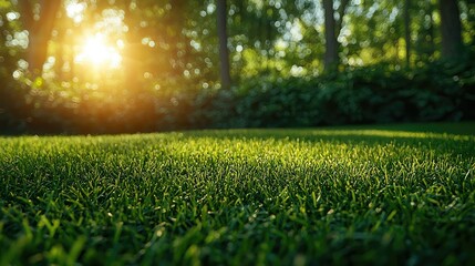 Naklejka premium Sunny meadow scene with lush green grass and trees visible