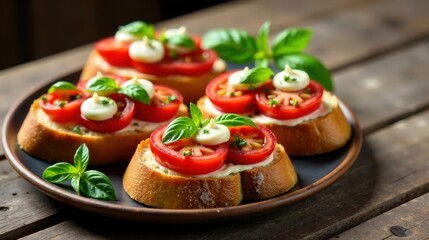 Delicious Appetizer Toasted Bread with Fresh Tomato and Creamy Spread, Garnished with Basil