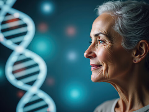 A senior woman with gray hair looks thoughtfully to the side against a background featuring a glowing DNA helix and abstract light spots
