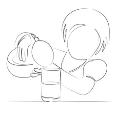 One continuous line art drawing flat illustration child, milk, drink, girl, person, childhood, breakfast, food, table, pouring. Isolated image hand draw outline on white background