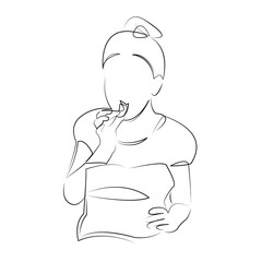 One continuous line art drawing flat illustration child, snack, chips, person, portrait, childhood, eating, happy, food, potato. Isolated image hand draw outline on white background
