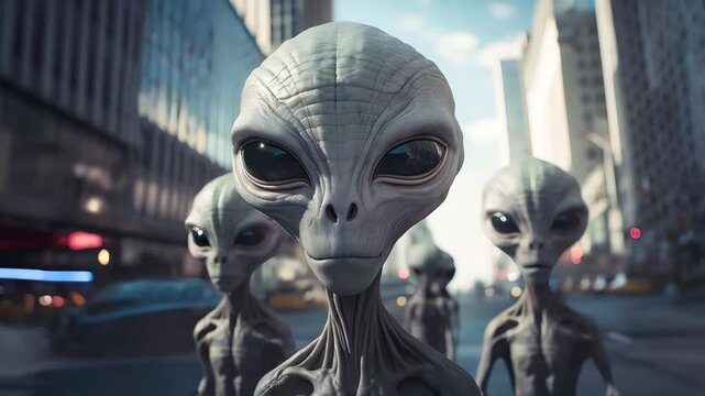 Alien gray humanoids exiting spacecraft, invading crowded Manhattan streets amid futuristic extraterrestrial apocalyptic attack