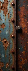 Rustic Metal Panel with Rivets and Oxidized Surface Texture Featuring a Hinge Detail