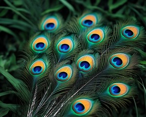 Obraz premium Peacock tail feathers in grass
