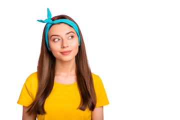 Portrait of lovely lady looking having thoughts wearing yellow t-shirt isolated over pink background