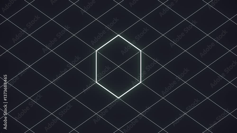 Poster Abstract seamless loop animation in which white glowing lines form geometric symmetrical patterns arranged on a grid of diamonds. The background is rendered dark. Optical illusion. 3d rendering 4K