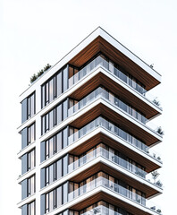 Modern condominium with glass balconies and wooden accents
