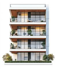 Fototapeta premium Modern condominium with balconies and greenery on white background
