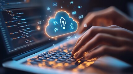 Closeup of Hands Typing on Laptop Keyboard with Cloud Icons and Neon Glow