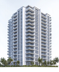 Modern condominium building with palm trees on clear day