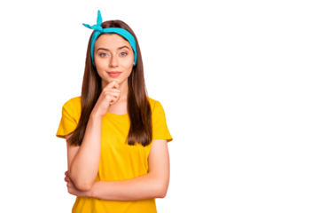 Photo of interested pondering pin-up girl considering opportunities to entrance university abroad while isolated with vivid background