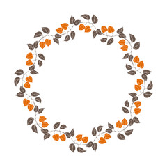 Wreath of physalis branches with orange lantern fruits and leaves. Seamless brush. Round border, frame. Isolated, on white background.