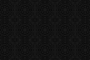 Geometric black background, tribal cover design, banner for design. Embossed unique 3D pattern. Relief ornaments, arabesques, mandala. Ethnicity of the East, Asia, India, Mexico, Aztec, Peru.