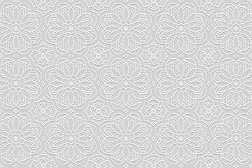 Geometric white background, tribal cover design, banner for design. Embossed elegant 3D pattern. Relief ornaments, arabesques, mandala. Ethnicity of the East, Asia, India, Mexico, Aztec, Peru.