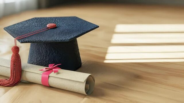Graduation cap, red tassel, diploma wrapped in pink ribbon, soft window light creating shadows on weathered wooden surface
