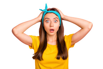 Photo of pin-up deeply inhaling staring feared girl having observed her ex messaging her while...