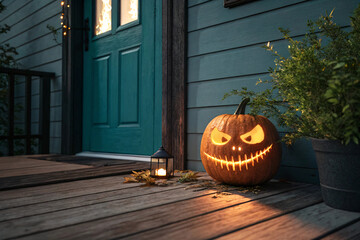 Illuminated Carved Pumpkin with Menacing Face on Wooden Porch