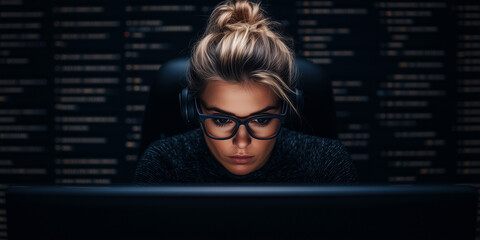 Cybersecurity Expert Analyzing Encrypted Data on a Computer Screen, Protecting Business Networks, Dark-Themed Security Operations Center, Professionals Working on Digital Defense, Generated AI
