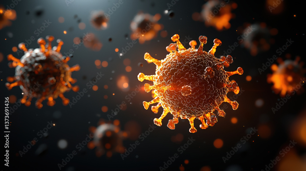 Poster detailed 3d rendering of virus particle, showcasing its spiky surface and spherical shape, set again