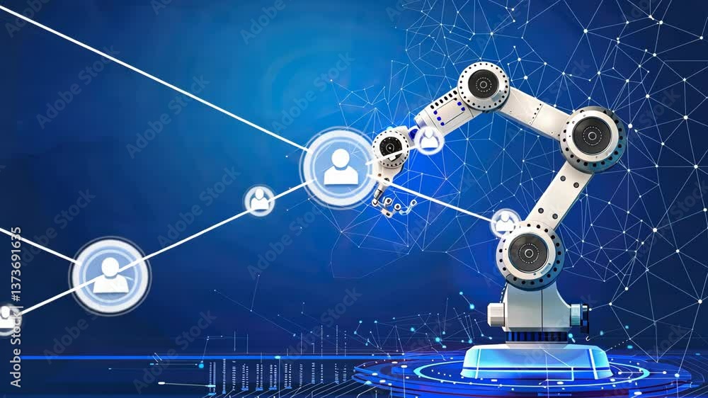 Poster A robotic arm showcases precision by performing automated tasks while interacting with user data in a high-tech setting