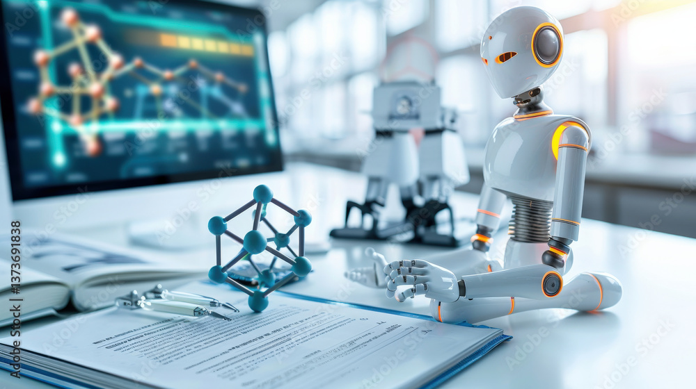 Leinwandbilder futuristic scene featuring robot interacting with scientific documents and 3D atom model, set in modern research lab with digital display in background