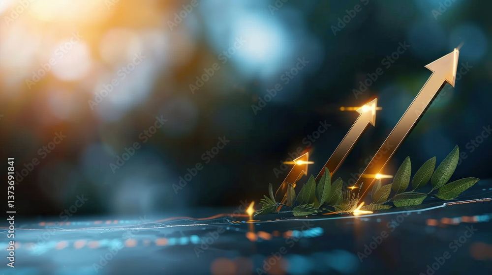 Aufkleber digital illustration shows golden arrows rising from green leaves, symbolizing economic growth and s