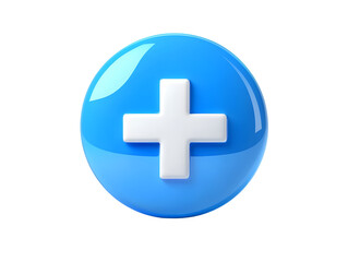 Obraz premium Blue circle and white plus symbol, 3D icon with isolated white background Medical symbol