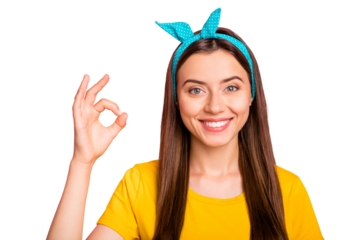 Photo of pin-up cheerful nice cute girlfriend approving request to have walk with some guy having called her out while isolated with vivid background