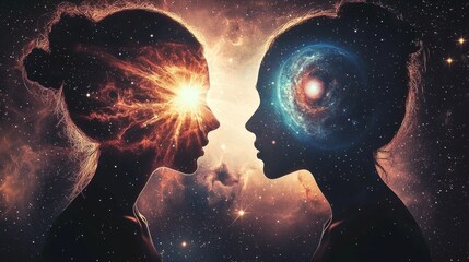 Obraz premium Cosmic Nebula Featuring a Couple's Silhouette Under a Starry Sky