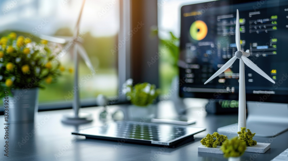 Leinwandbilder modern workspace features renewable energy elements, including solar panel and wind turbine models, 