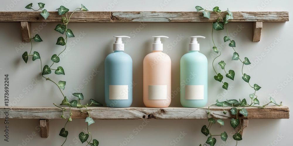 Aufkleber decorative shelf display with pastel bottles and greenery in a modern bathroom setting