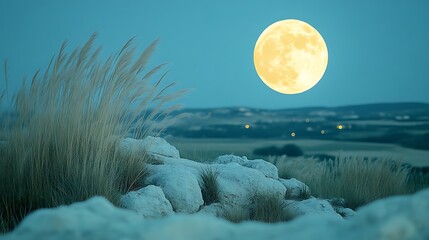 A beautiful full moon illuminating a landscape at nighttime setting
