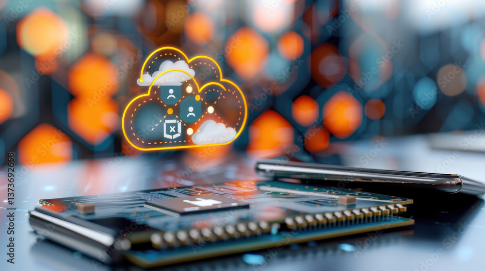 Fototapete high resolution image of cyber environment features circuit board with digital cloud icon, symbolizing cloud computing and data storage. vibrant colors create futuristic feel