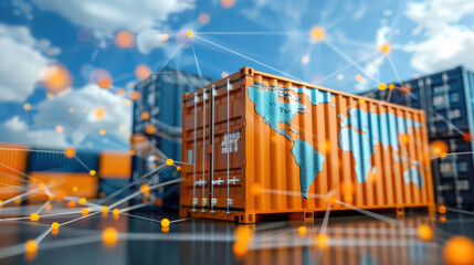 vibrant orange cargo container with world map design symbolizes global trade and connectivity. digital network overlay highlights international logistics and commerce