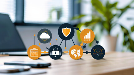 digital economy concept is depicted with abstract icons representing security, cloud computing, and data analytics on desk with laptop and smartphone