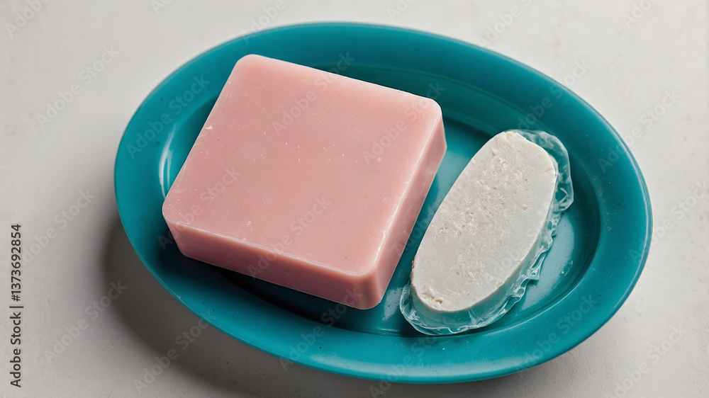 Poster two bars of soap on a turquoise dish, showcasing different colors and textures in a clean setting