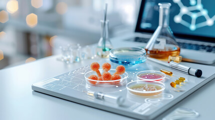 futuristic laboratory setup with digital interface displays molecular structures and scientific equipment, including petri dishes, test tubes, and laptop, suggesting innovation and research