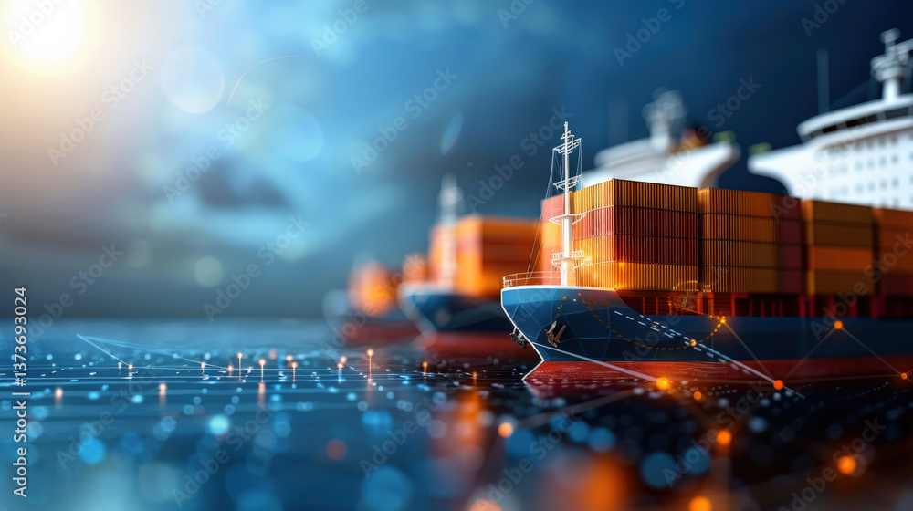 Poster container ships loaded with colorful cargo containers are sailing on digital ocean, symbolizing mode