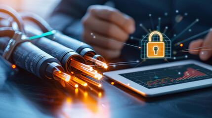 person interacts with tablet displaying data, symbolizing network security and cyber protection. Fiber optic cables and digital lock icon emphasize secure data transmission
